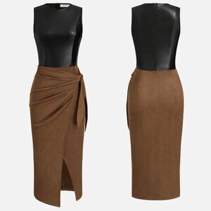 Faux Leather Suede Tie-Waist Slit Dress Wrap Sleeveless